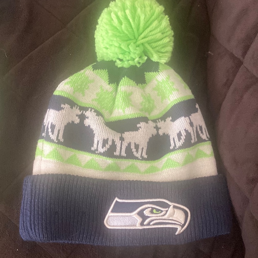 Seahawks beanie with moose on it